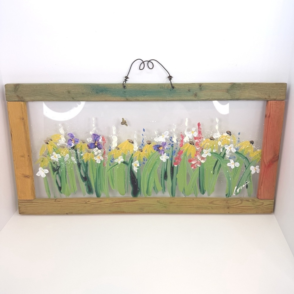 Wildflower Painting On A‎ Rustic Framed Glass Featuring A Bumblebee Country Core